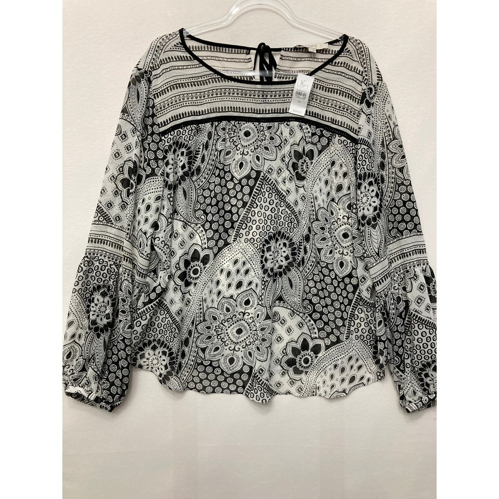 NWT LOFT Blouse Size XL Black White Paisley Medallion Peasant Tie Back Boho
